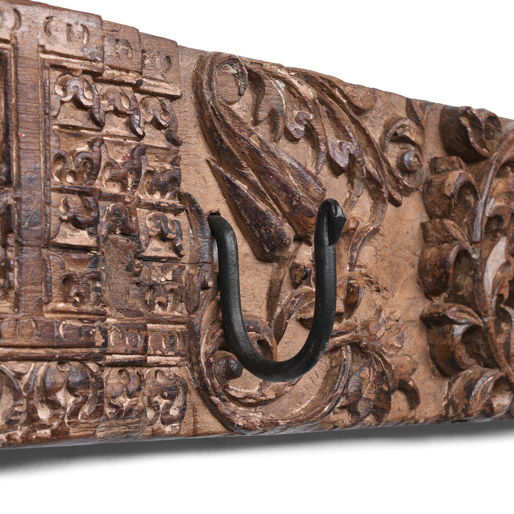 Hook Detail From Indian Carved Teak Coat Hook With Floral Panels And Iron Hooks