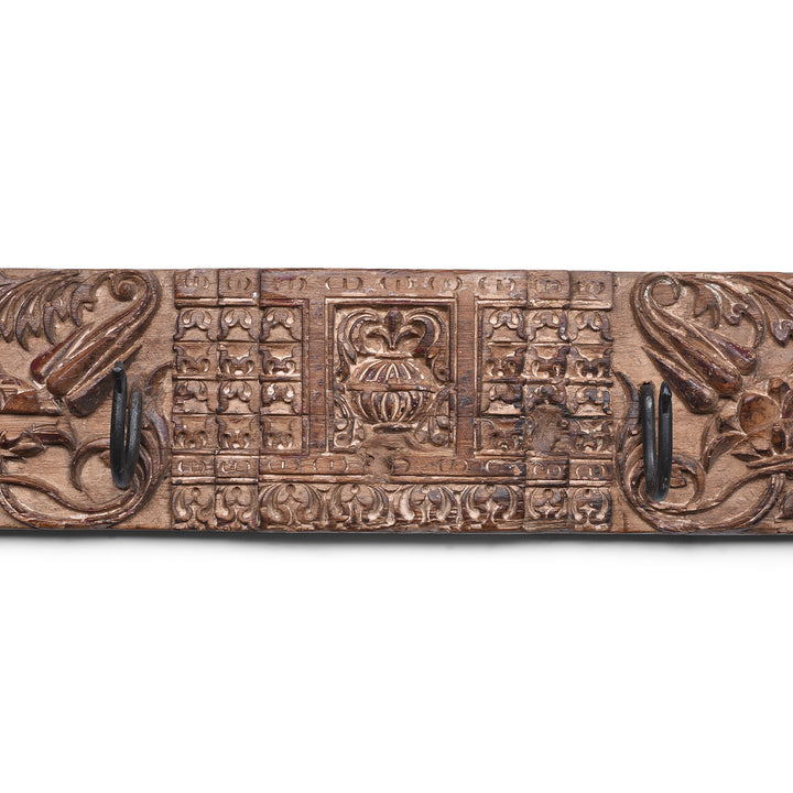 Central Carving Detail From Indian Carved Teak Coat Hook With Floral Panels And Iron Hooks