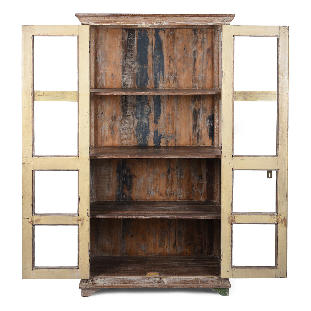 Interior Of Old Indian Teak Glazed Cabinet With Lime Wash Finish And Glass Panel Doors | Indigo Antiques