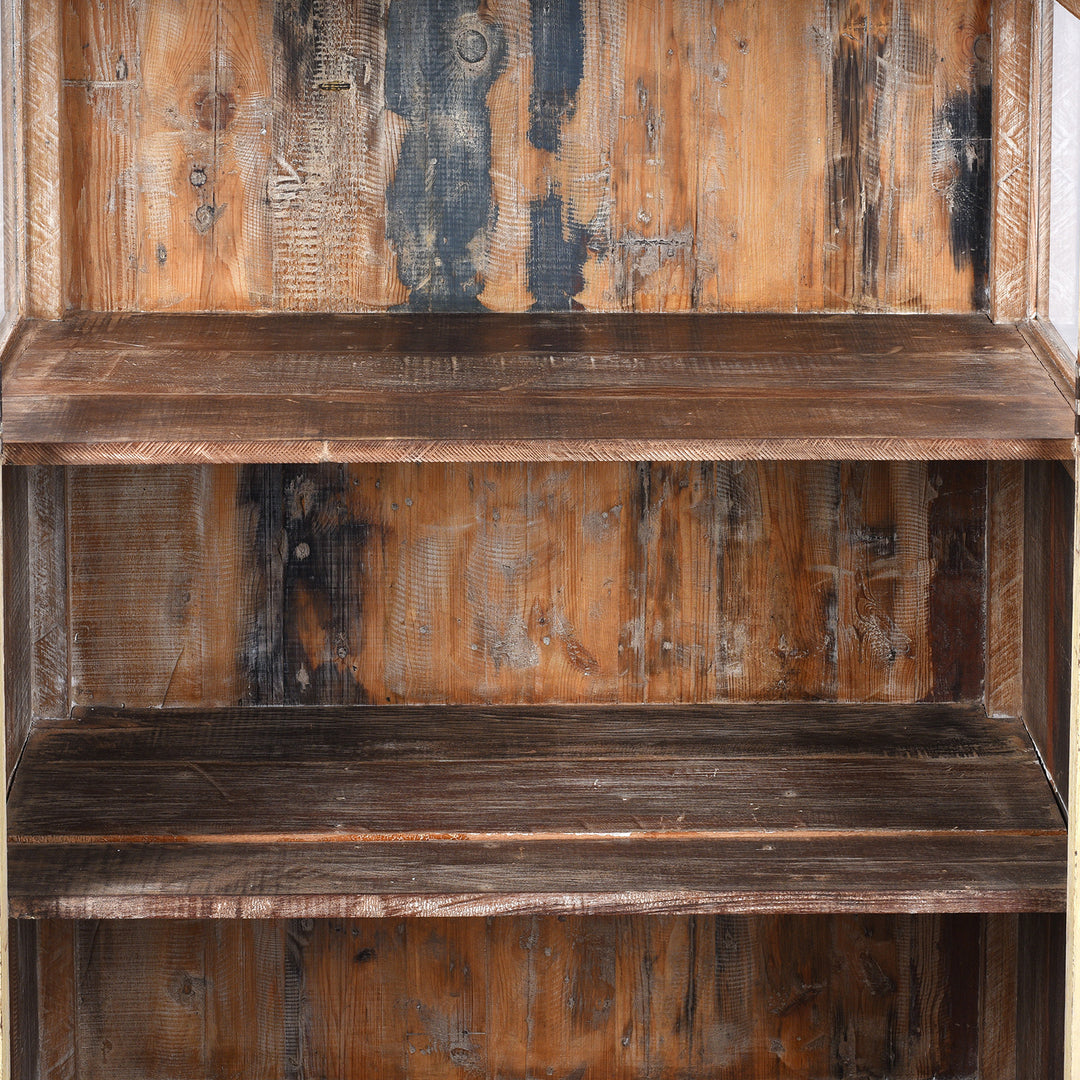 Shelf Detail From Old Indian Teak Glazed Cabinet With Lime Wash Finish And Glass Panel Doors | Indigo Antiques