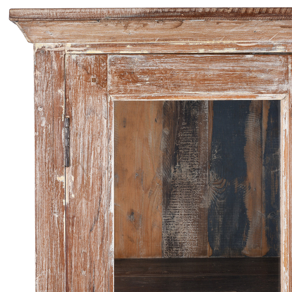 Corner Detail From Old Indian Teak Glazed Cabinet With Lime Wash Finish And Glass Panel Doors | Indigo Antiques