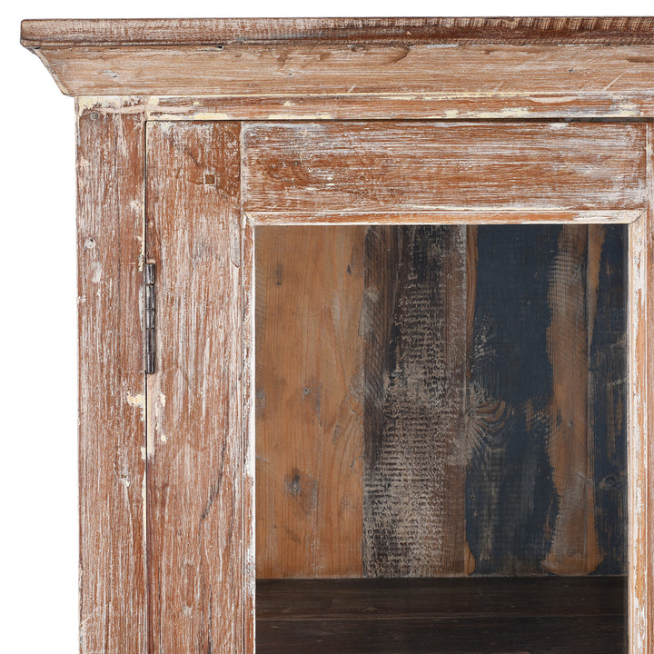 Corner Detail From Old Indian Teak Glazed Cabinet With Lime Wash Finish And Glass Panel Doors | Indigo Antiques