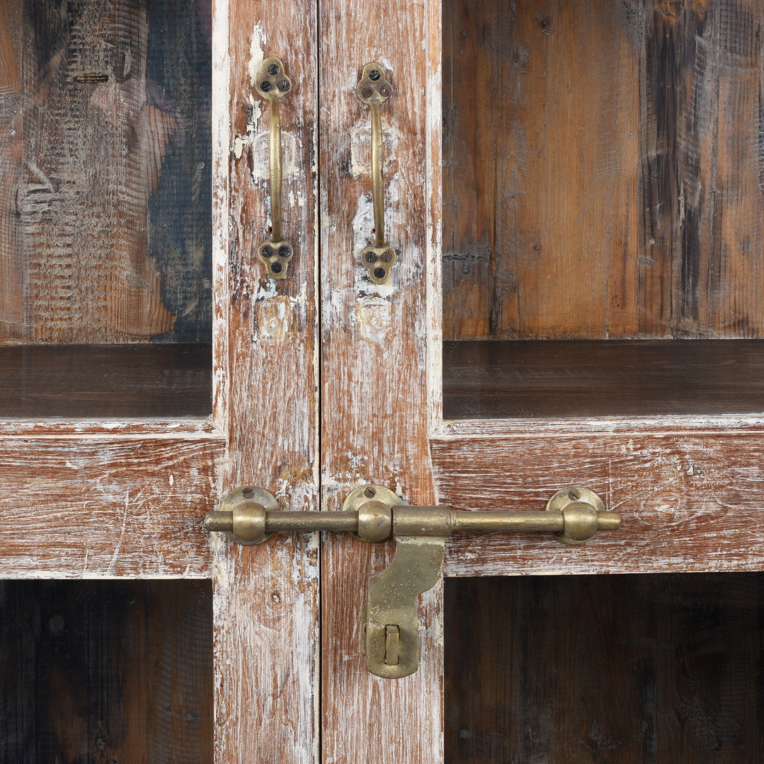 Lock Detail From Old Indian Teak Glazed Cabinet With Lime Wash Finish And Glass Panel Doors | Indigo Antiques