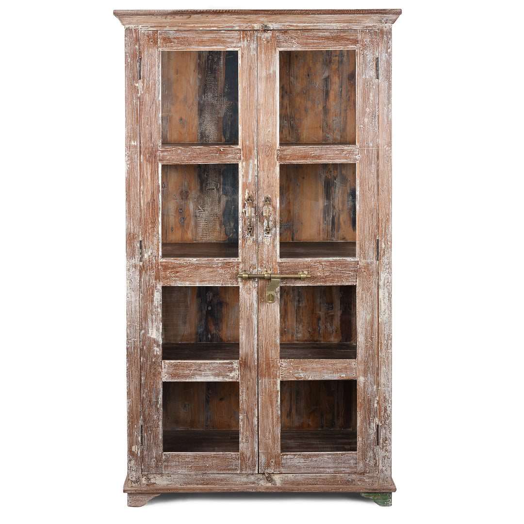 Old Indian Teak Glazed Cabinet With Lime Wash Finish And Glass Panel Doors | Indigo Antiques