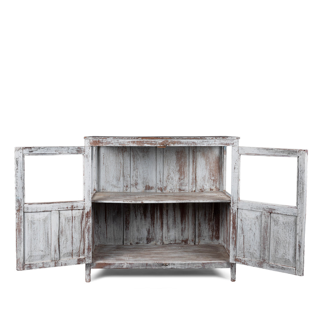 Interior Of Painted Teak Glazed Book Cabinet From Gujarat With Distressed Finish And Glass Panel Doors | Indigo Antiques