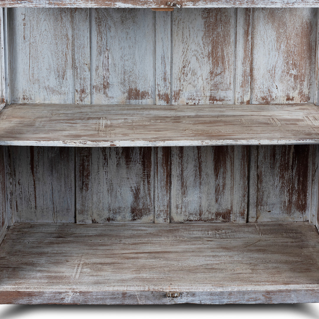 Shelf Detail From Painted Teak Glazed Book Cabinet From Gujarat With Distressed Finish And Glass Panel Doors | Indigo Antiques