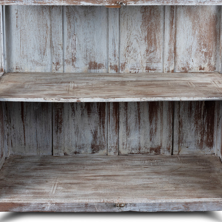 Shelf Detail From Painted Teak Glazed Book Cabinet From Gujarat With Distressed Finish And Glass Panel Doors | Indigo Antiques