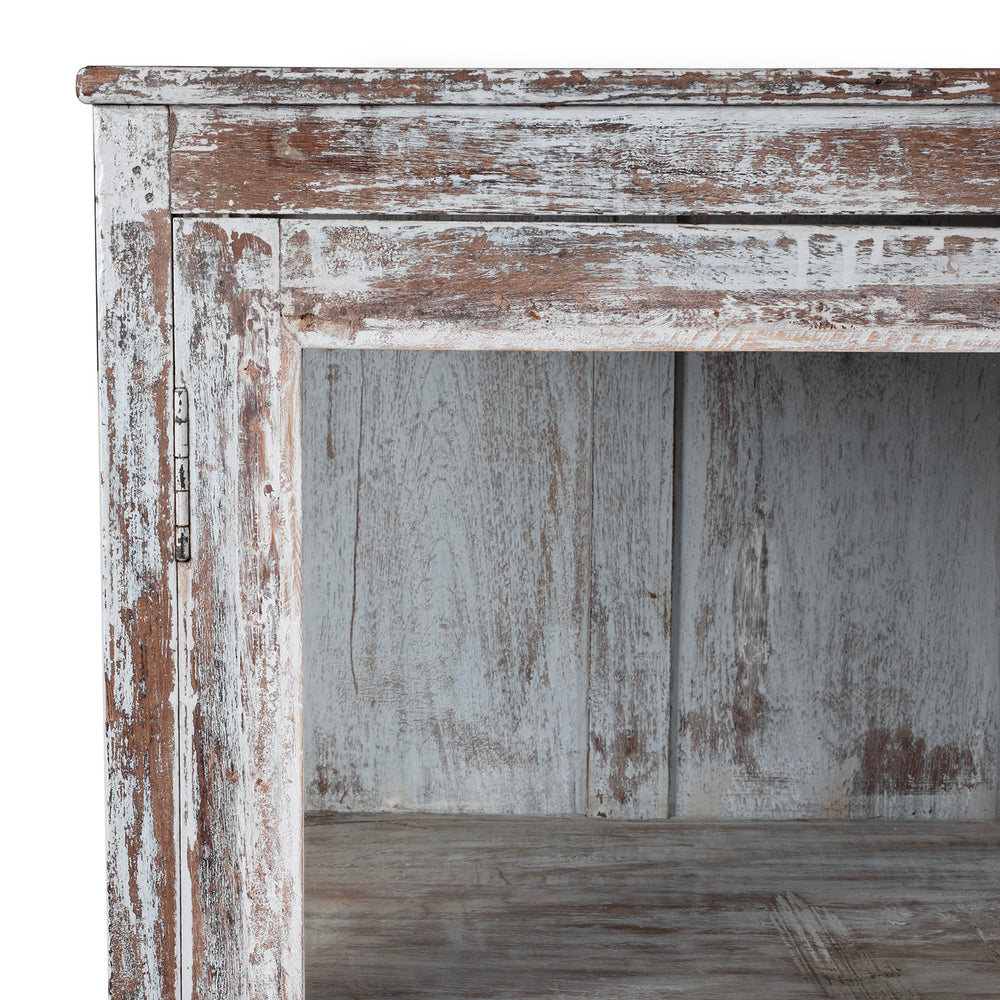 Corner Detail From Painted Teak Glazed Book Cabinet From Gujarat With Distressed Finish And Glass Panel Doors | Indigo Antiques