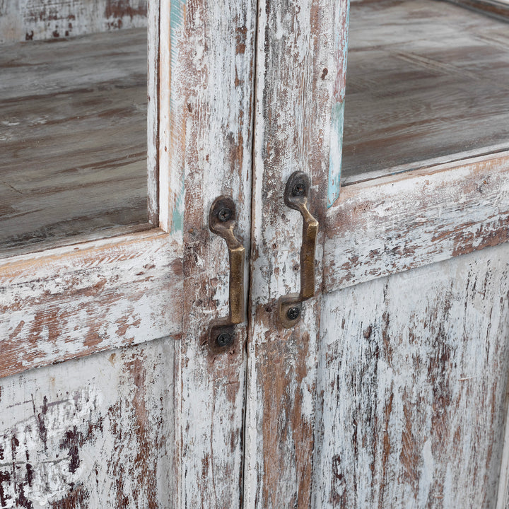 Handle Detail From Painted Teak Glazed Book Cabinet From Gujarat With Distressed Finish And Glass Panel Doors | Indigo Antiques