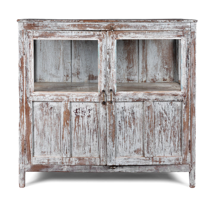 Painted Teak Glazed Book Cabinet From Gujarat With Distressed Finish And Glass Panel Doors | Indigo Antiques