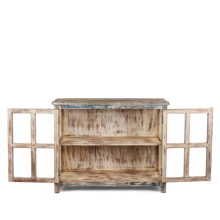Interior Of Glazed Display Cabinet With Distressed Finish, Reclaimed South Indian Teak, Two Doors, And Painted Interior With Shelf