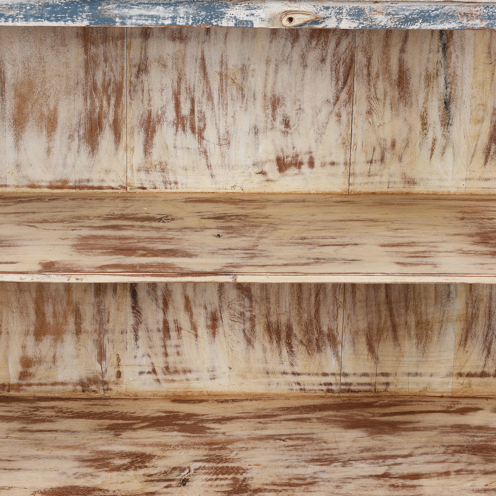 Interior Detail From Glazed Display Cabinet With Distressed Finish, Reclaimed South Indian Teak, Two Doors, And Painted Interior With Shelf