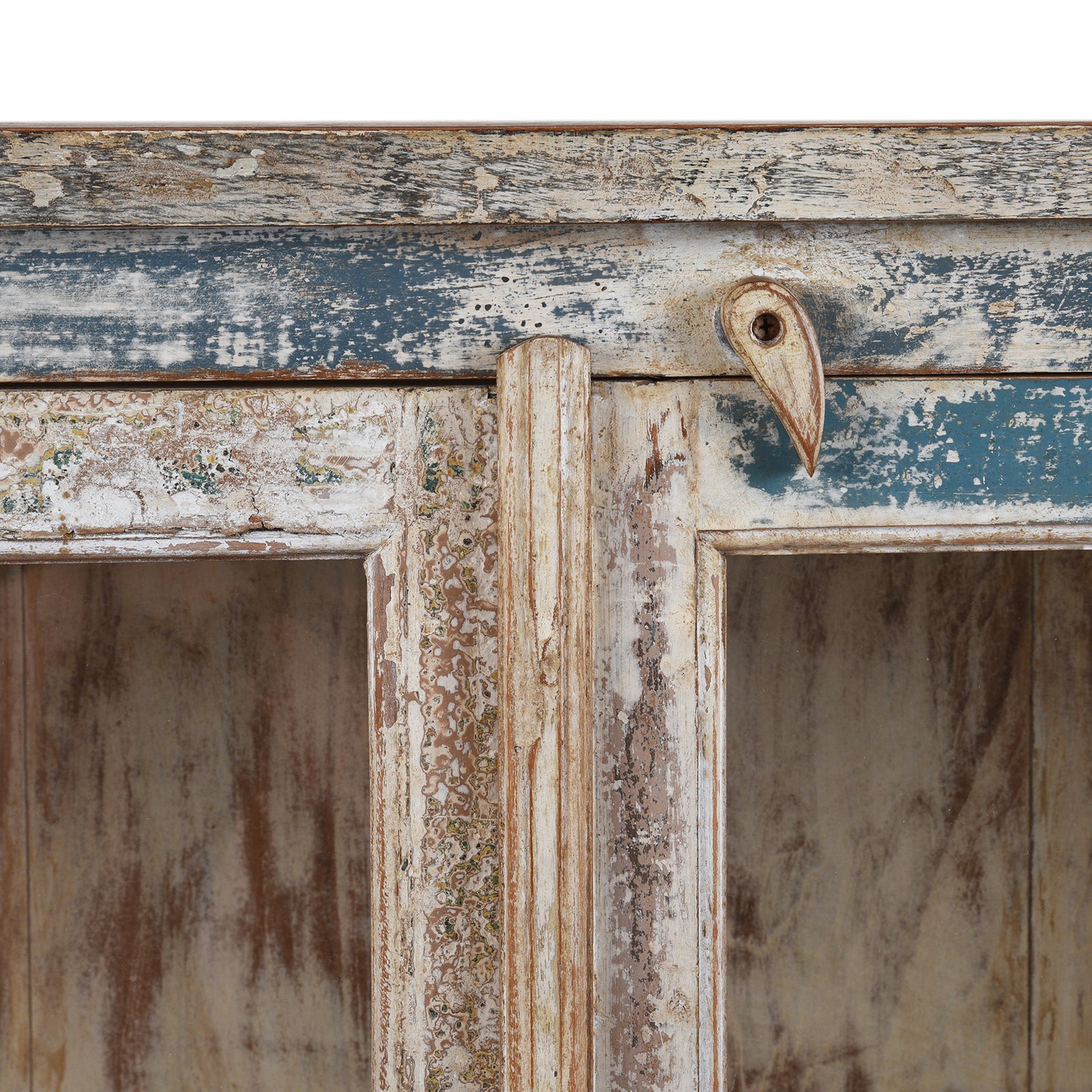 Frame Detail From Glazed Display Cabinet With Distressed Finish, Reclaimed South Indian Teak, Two Doors, And Painted Interior With Shelf