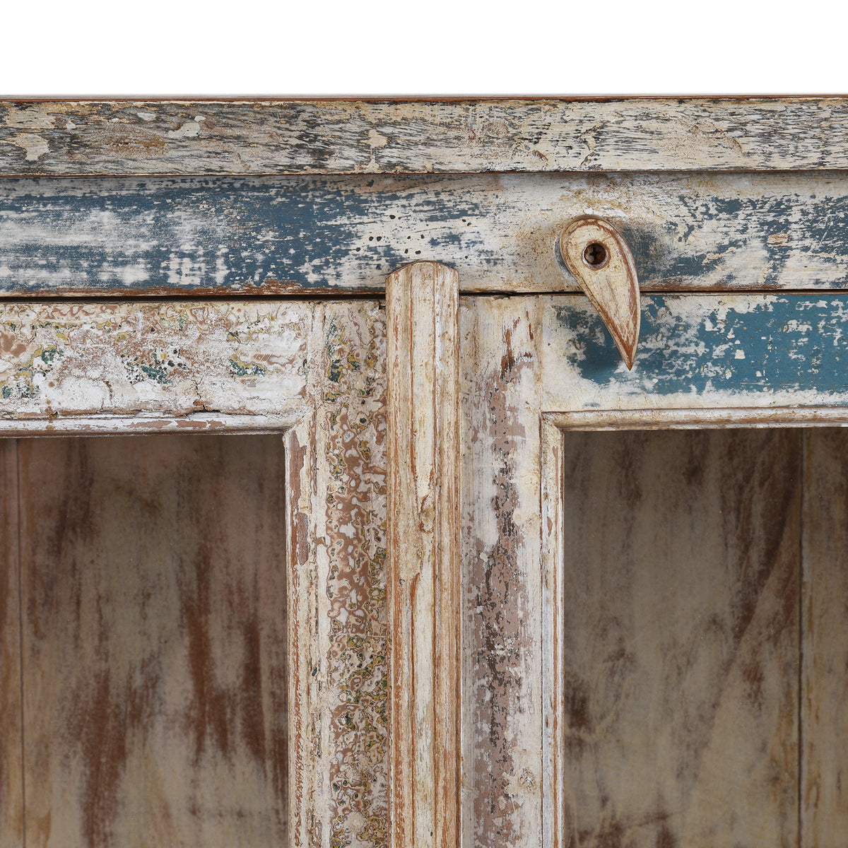 Frame Detail From Glazed Display Cabinet With Distressed Finish, Reclaimed South Indian Teak, Two Doors, And Painted Interior With Shelf