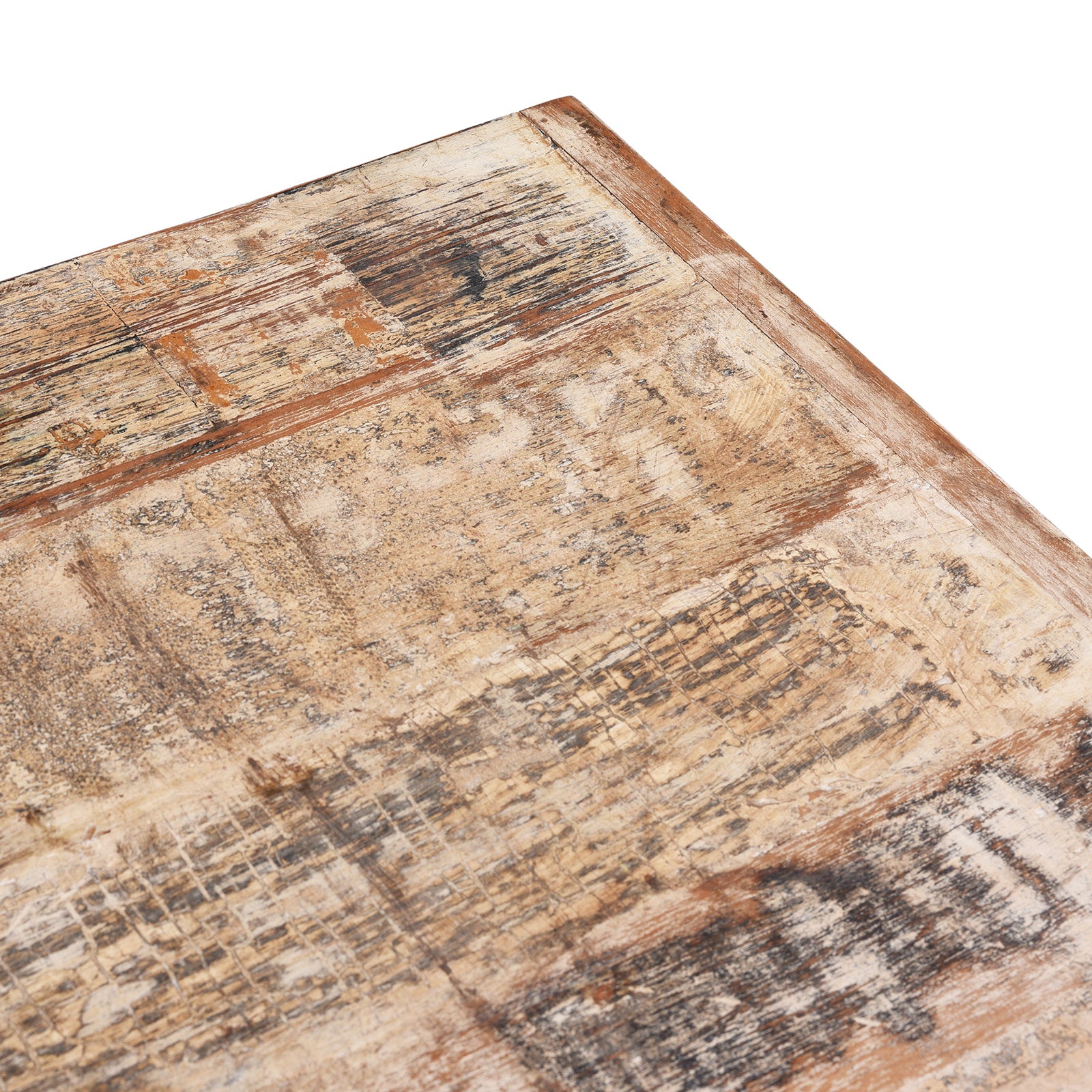 Surface Detail From Glazed Display Cabinet With Distressed Finish, Reclaimed South Indian Teak, Two Doors, And Painted Interior With Shelf