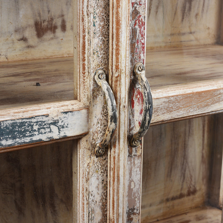 Handles Detail From Glazed Display Cabinet With Distressed Finish, Reclaimed South Indian Teak, Two Doors, And Painted Interior With Shelf
