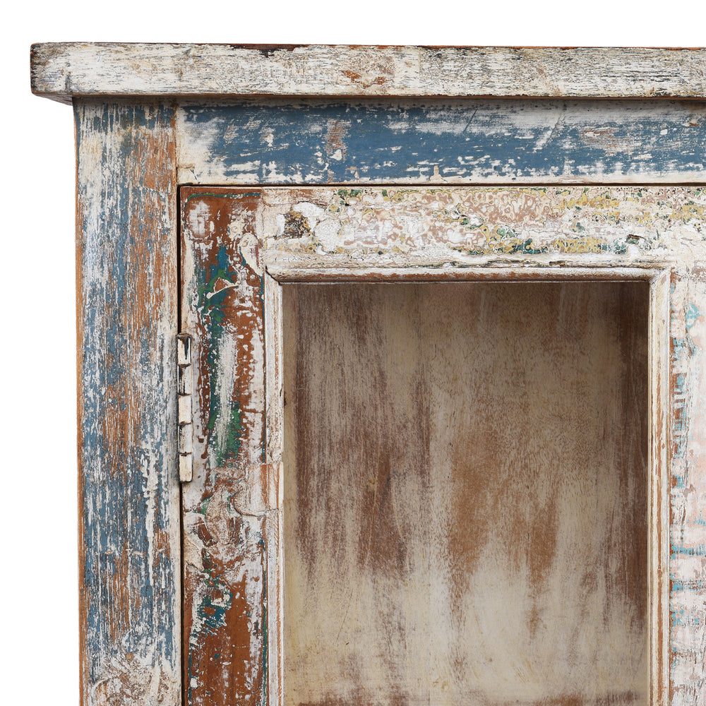 Corner Detail From Glazed Display Cabinet With Distressed Finish, Reclaimed South Indian Teak, Two Doors, And Painted Interior With Shelf