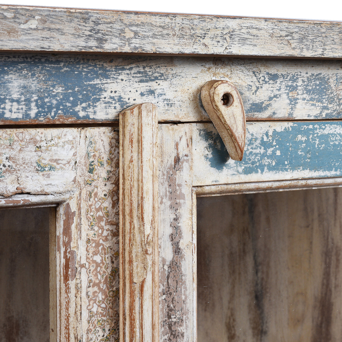 Latch Detail From Glazed Display Cabinet With Distressed Finish, Reclaimed South Indian Teak, Two Doors, And Painted Interior With Shelf