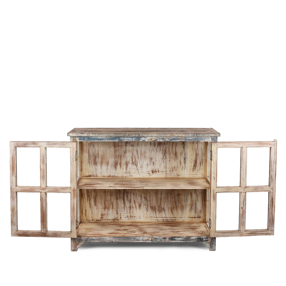 Interior Of Glazed Display Cabinet With Distressed Finish, Reclaimed South Indian Teak, Two Doors, And Painted Interior With Shelf