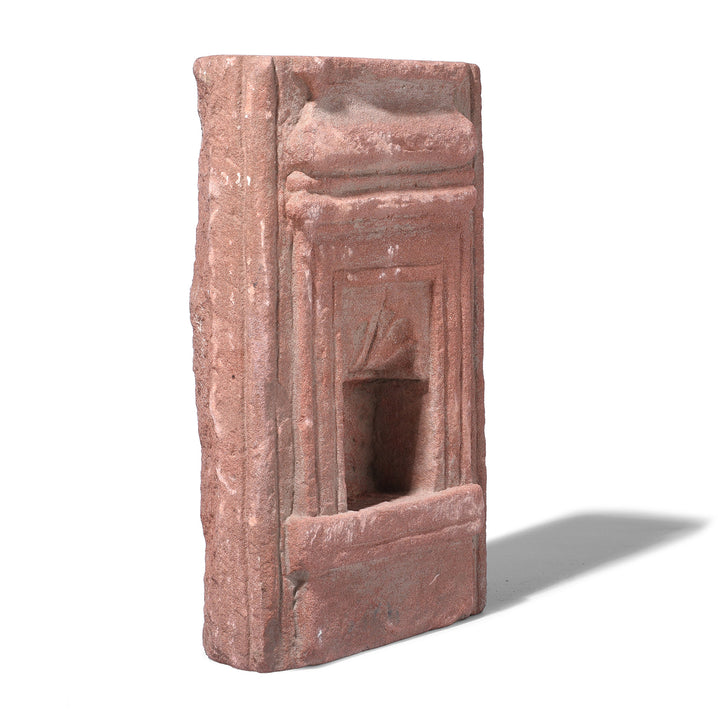 Angled View Of Carved Pink Sandstone Rajasthani Lamp Niche With Stepped Mouldings 19th Century