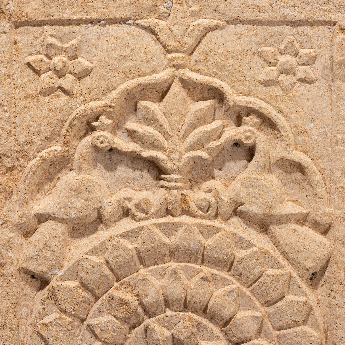 Peacock Detail From Early 19th Century Jaisalmer Golden Limestone Carved Panel With Peacocks And Lotus Flower On Iron Stand