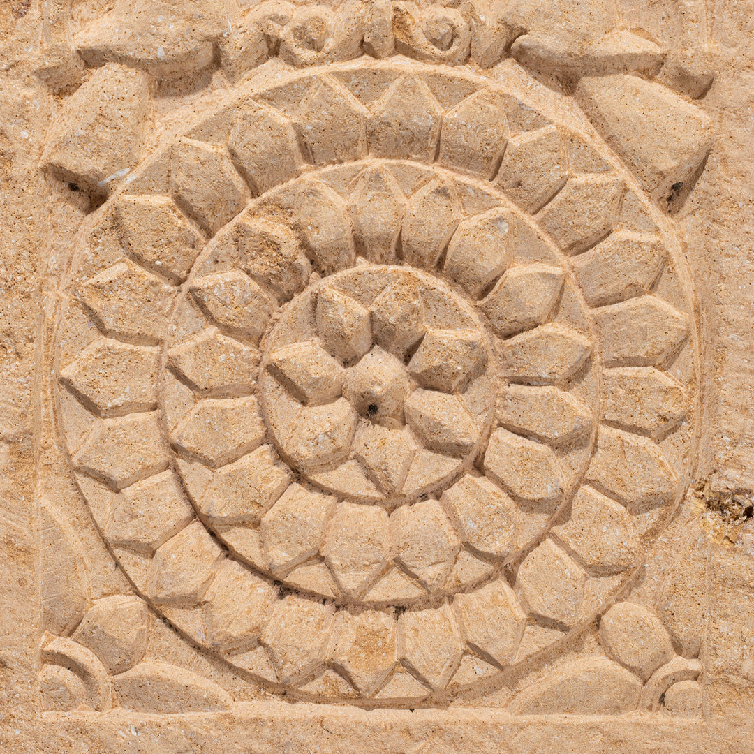 Detail From Early 19th Century Jaisalmer Golden Limestone Carved Panel With Peacocks And Lotus Flower On Iron Stand