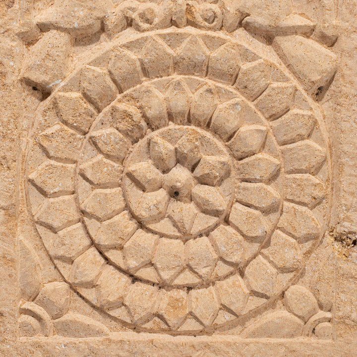 Detail From Early 19th Century Jaisalmer Golden Limestone Carved Panel With Peacocks And Lotus Flower On Iron Stand