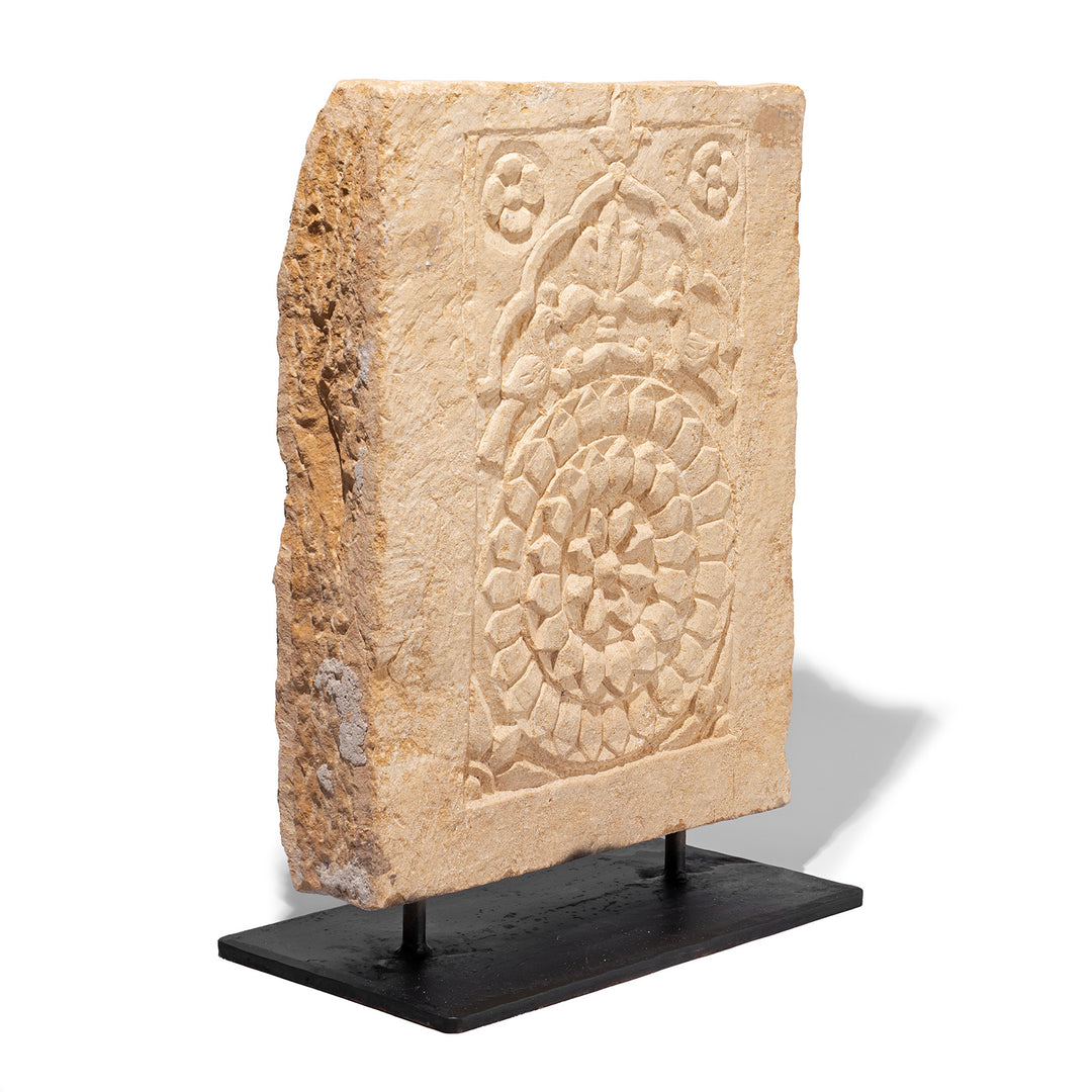 Angled View Of Antique Indian Carved Stone Panel