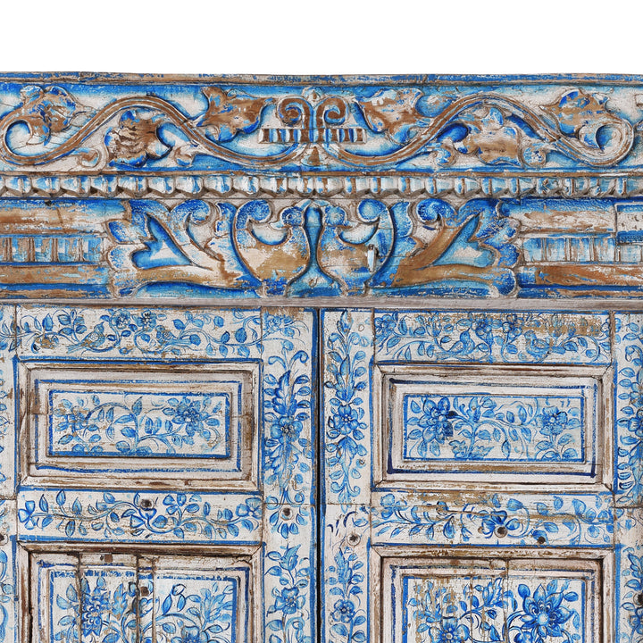 Central Carving Detail From Antique Indian Blue & White Painted Door | Indigo Antiques
