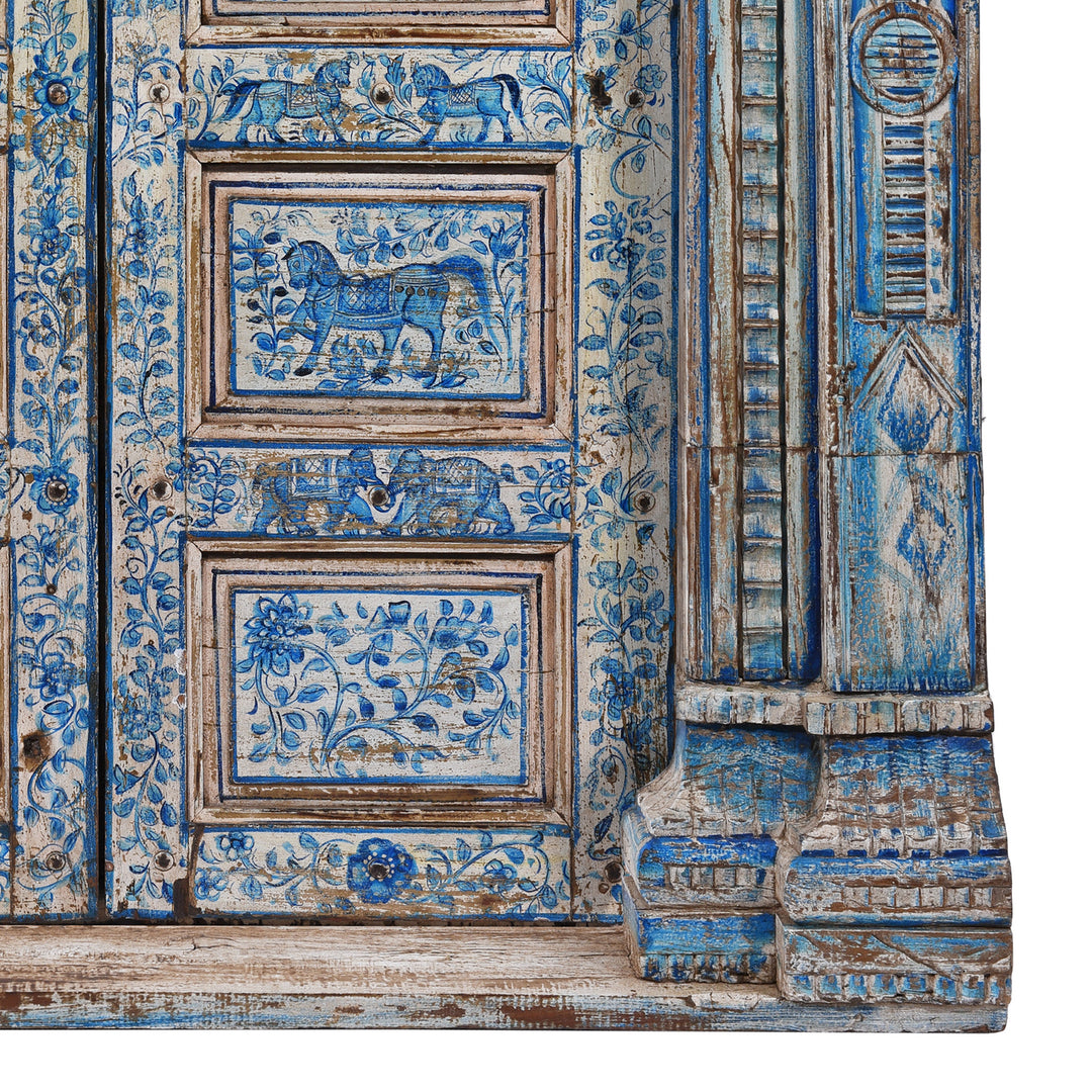 Bottom Corner Detail From Antique Indian Blue & White Painted Door | Indigo Antiques