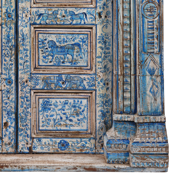 Bottom Corner Detail From Antique Indian Blue & White Painted Door | Indigo Antiques