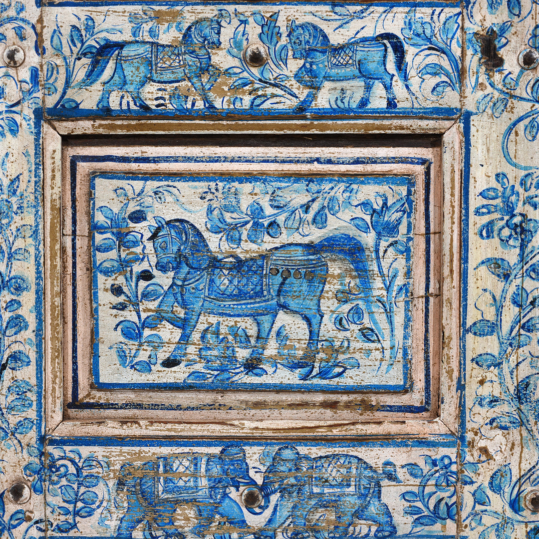 Horse Paintwork Detail From Antique Indian Blue & White Painted Door | Indigo Antiques