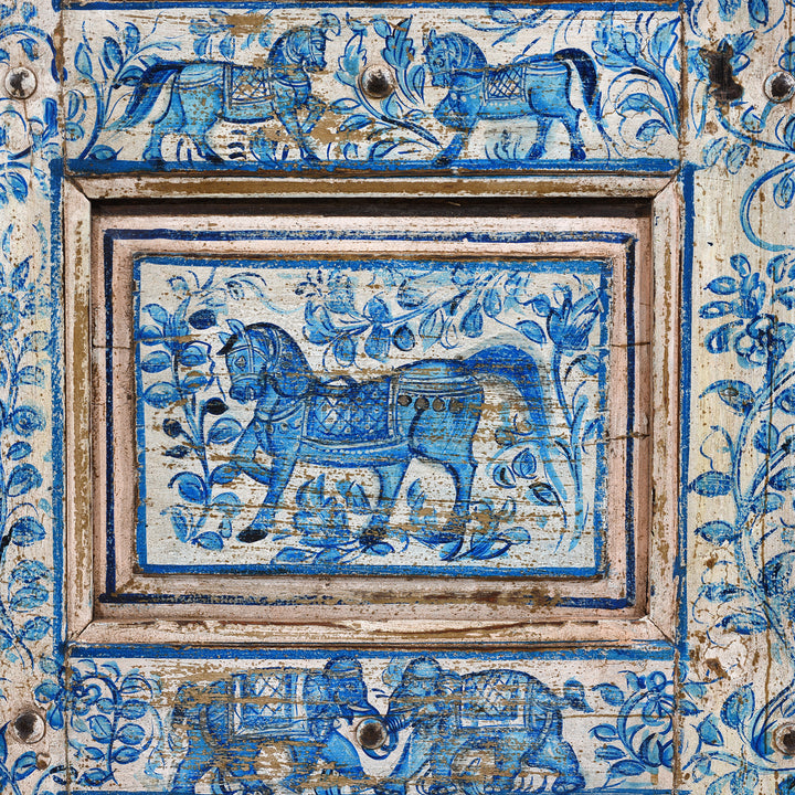 Horse Paintwork Detail From Antique Indian Blue & White Painted Door | Indigo Antiques