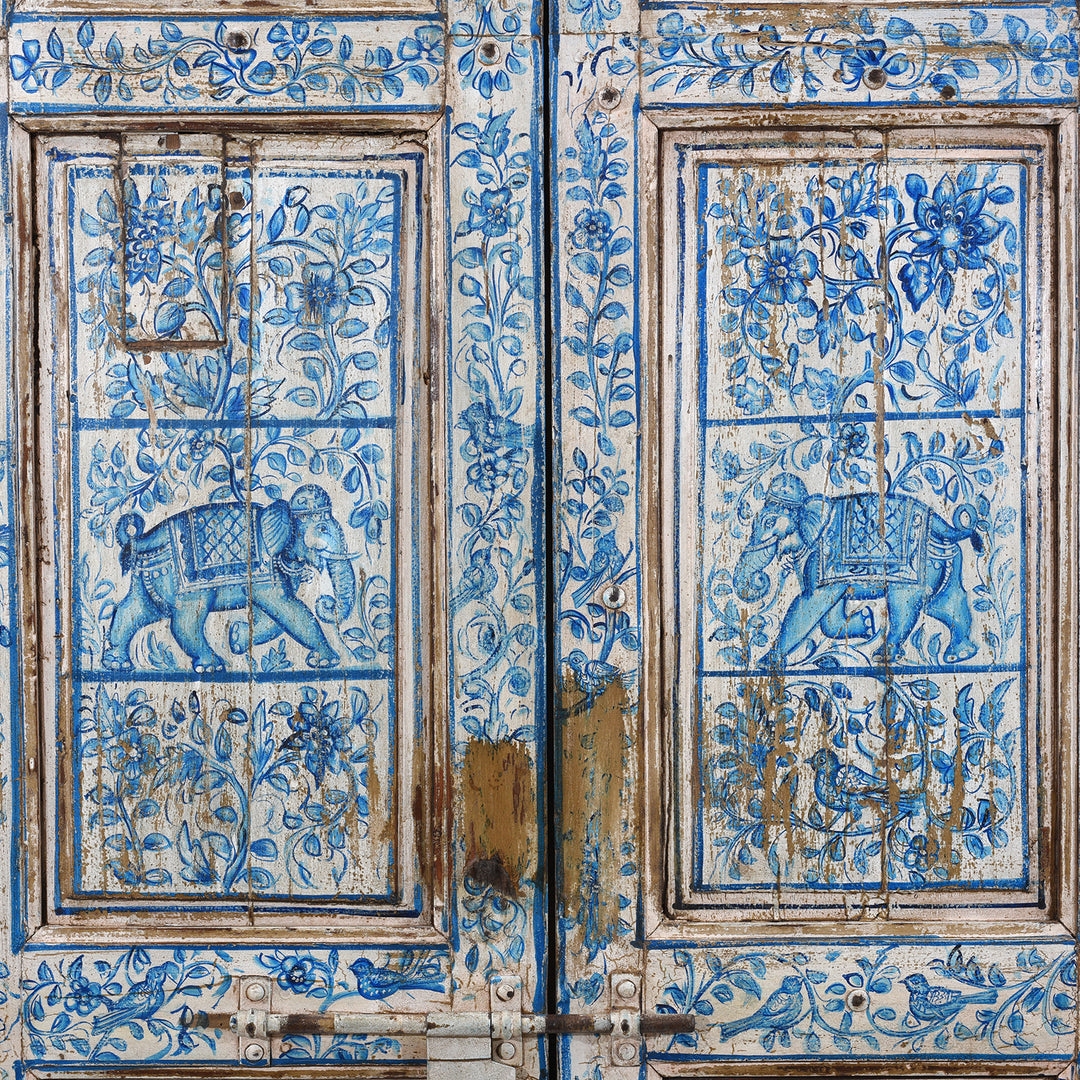 Cantral Paintwork Detail From Antique Indian Blue & White Painted Door | Indigo Antiques