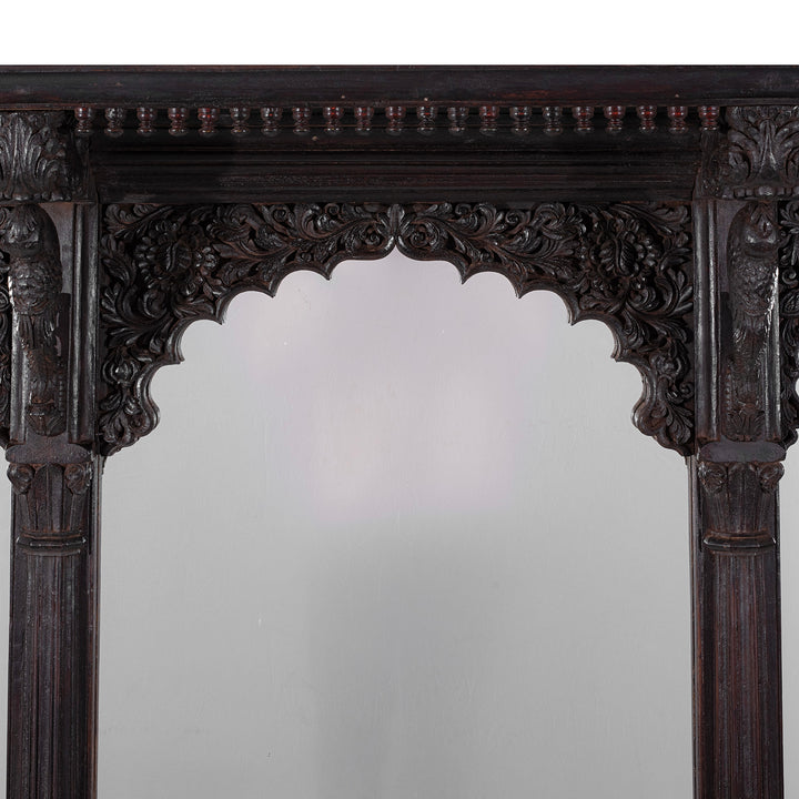 Carving Detail From Carved Teak Triple Arch Window Mirror From Kutch With Mughal Arches And Parrot Detailing
