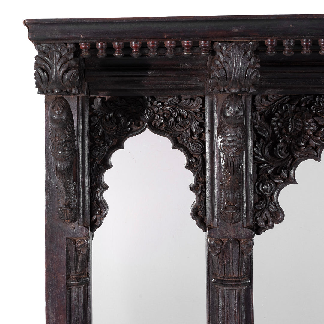 Arch Carving Detail From Carved Teak Triple Arch Window Mirror From Kutch With Mughal Arches And Parrot Detailing