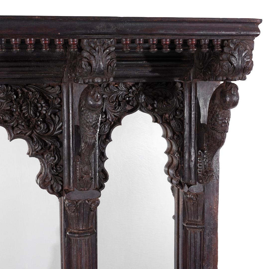 Parrot Carving Detail From Carved Teak Triple Arch Window Mirror From Kutch With Mughal Arches And Parrot Detailing
