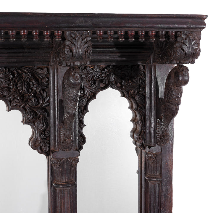 Parrot Carving Detail From Carved Teak Triple Arch Window Mirror From Kutch With Mughal Arches And Parrot Detailing