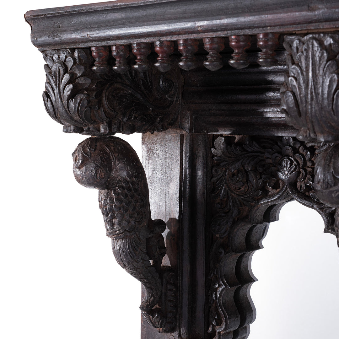 Parrot Detail From Carved Teak Triple Arch Window Mirror From Kutch With Mughal Arches And Parrot Detailing