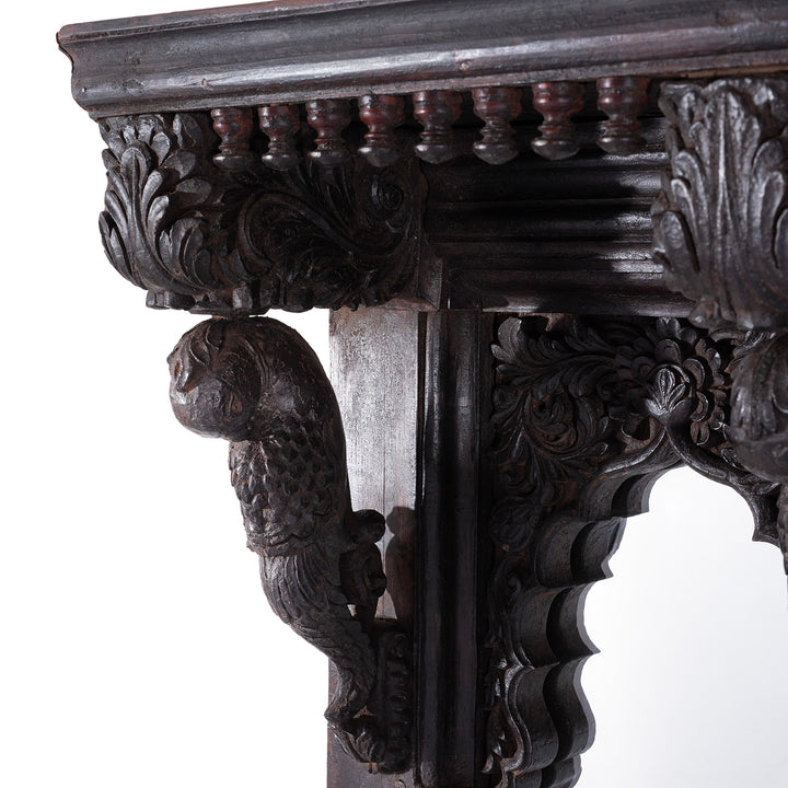 Parrot Detail From Carved Teak Triple Arch Window Mirror From Kutch With Mughal Arches And Parrot Detailing