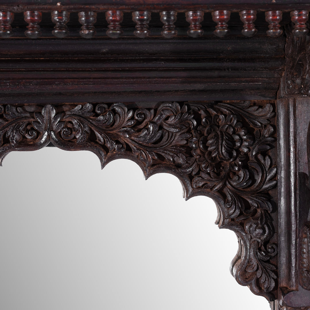 Wood Carving Detail From Carved Teak Triple Arch Window Mirror From Kutch With Mughal Arches And Parrot Detailing