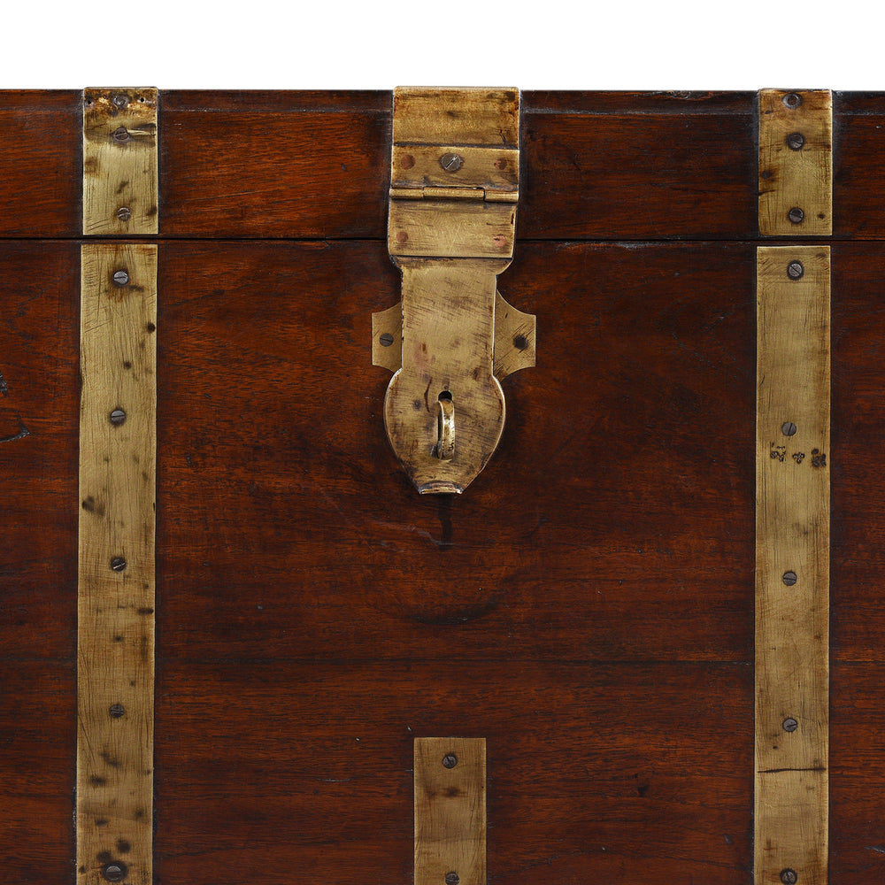 Latch Detail From Antique Brass Bound Anglo Indian Teak Military Chest With Nameplate And Devanagari Numerals