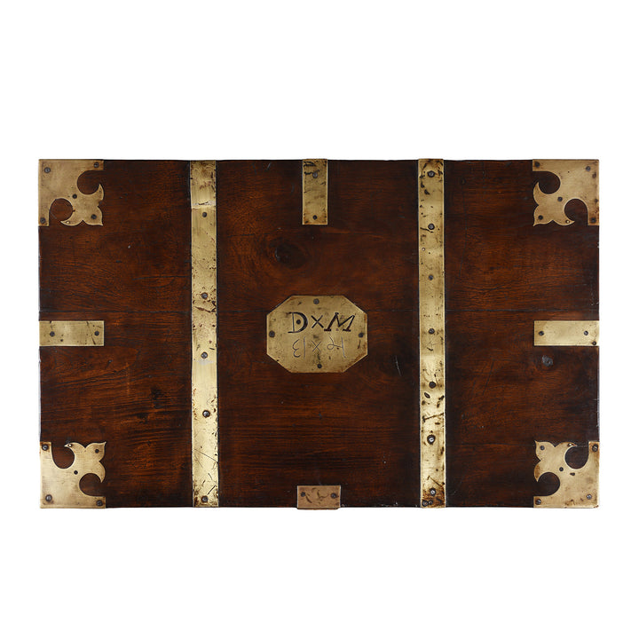 Top Down VIew Of Antique Brass Bound Anglo Indian Teak Military Chest With Nameplate And Devanagari Numerals