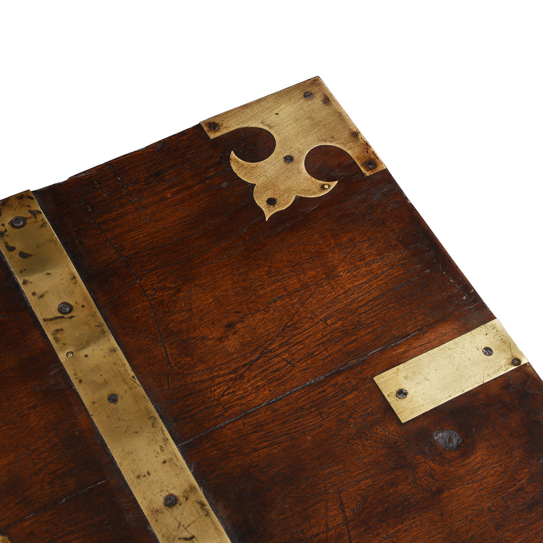 Brass Corner Detail From Antique Brass Bound Anglo Indian Teak Military Chest With Nameplate And Devanagari Numerals