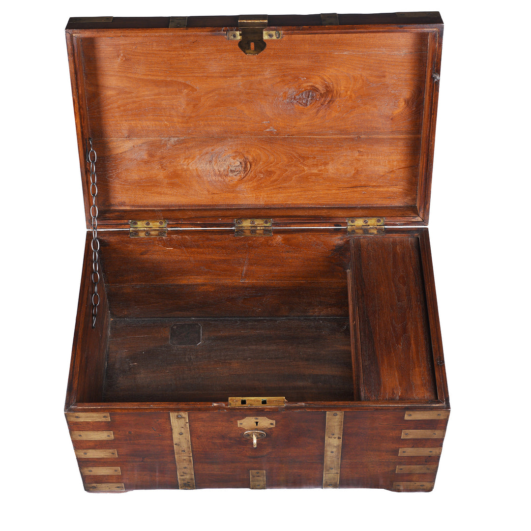 Interior Of Antique Brass Bound Anglo Indian Teak Military Chest With Nameplate And Devanagari Numerals