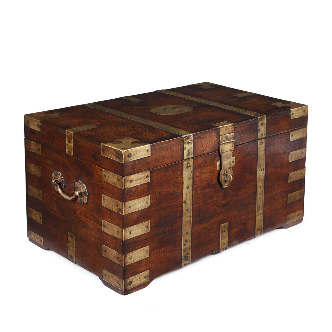 Angled VIew Of Antique Brass Bound Anglo Indian Teak Military Chest With Nameplate And Devanagari Numerals
