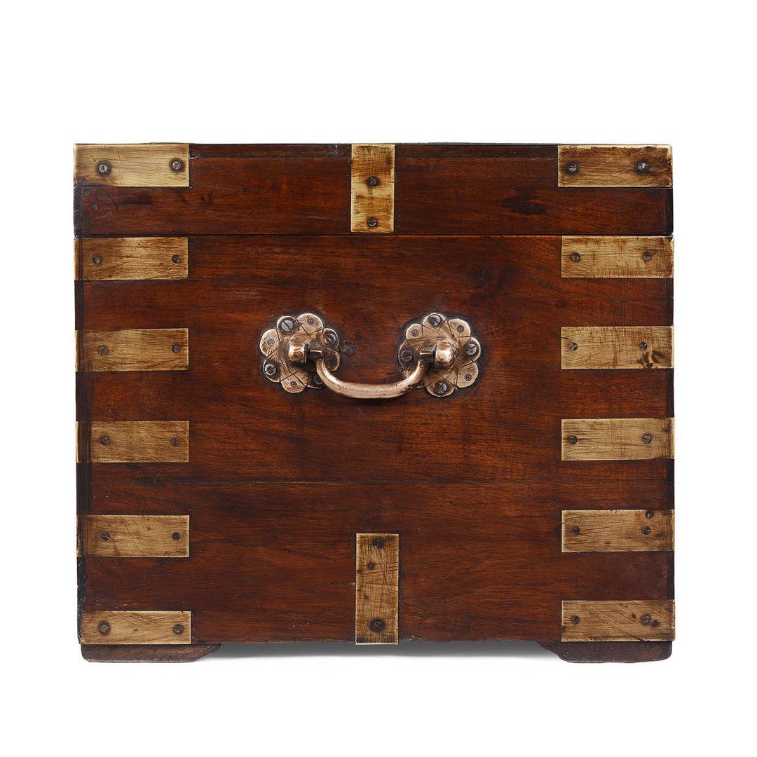 Side VIew Of Antique Brass Bound Anglo Indian Teak Military Chest With Nameplate And Devanagari Numerals