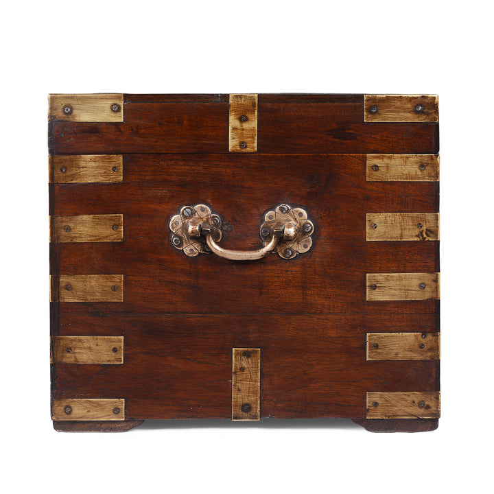 Side VIew Of Antique Brass Bound Anglo Indian Teak Military Chest With Nameplate And Devanagari Numerals