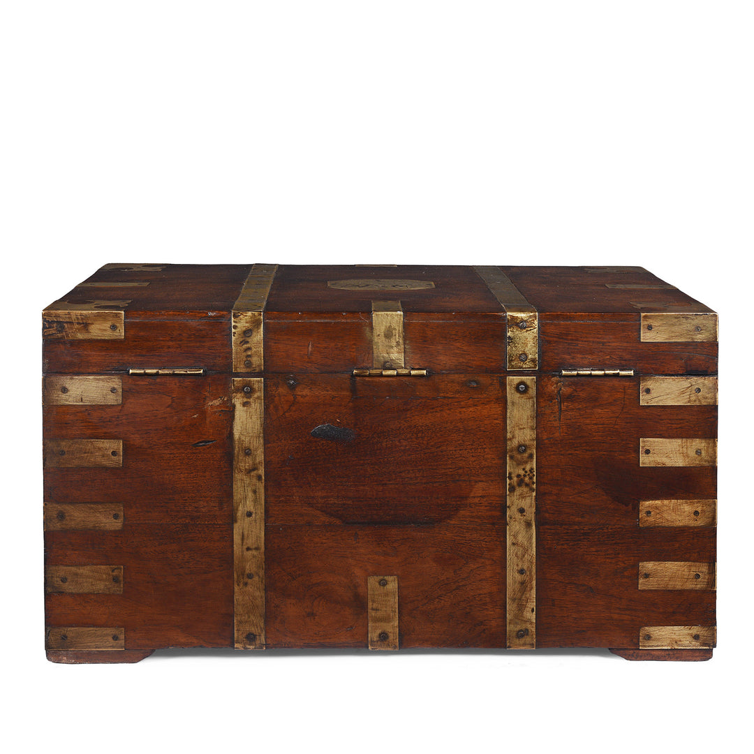 Back Of Antique Brass Bound Anglo Indian Teak Military Chest With Nameplate And Devanagari Numerals