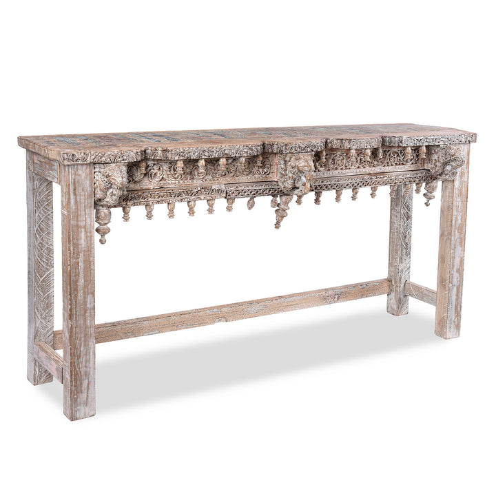 Angled View Of Painted Reclaimed Teak Console Table | Indigo Antiques